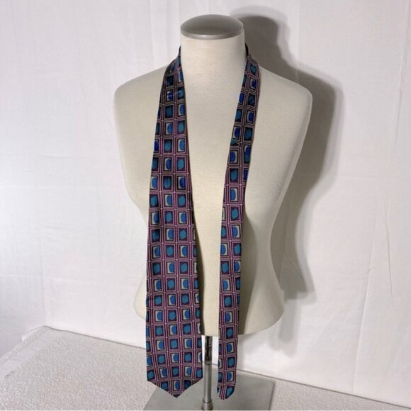 Vintage Burgundy Blue Square Print Tie - Picture 1 of 8
